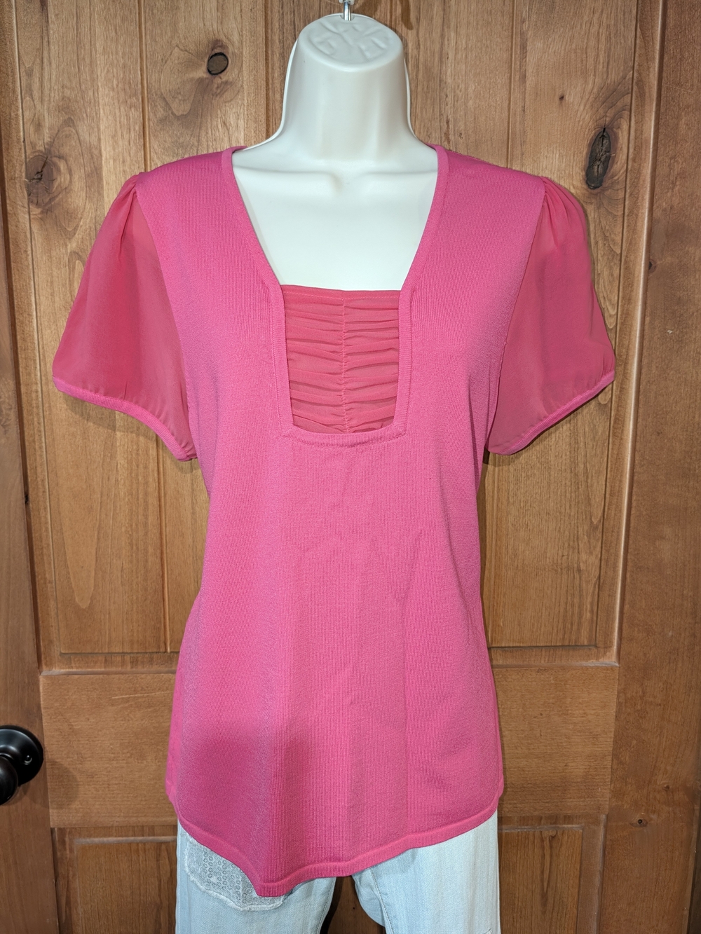 Cable & Gauge Bright Pink Square-Neck Short Sleeve Blouse